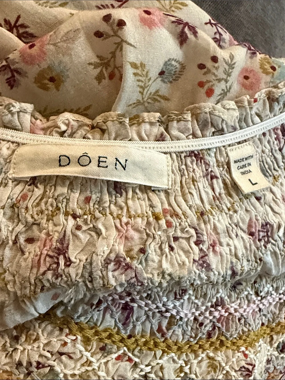 Doen Cream Floral Smocked Off-Shoulder Blouse with Pink & Green